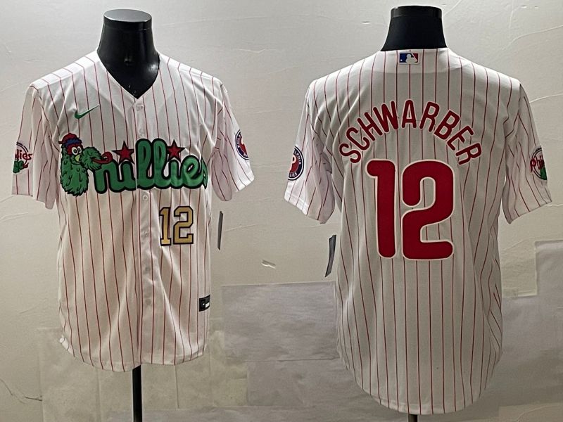 Men Philadelphia Phillies #12 Schwarber White Stripe Three generations Joint Name Game 2025 Nike MLB Jersey style 3